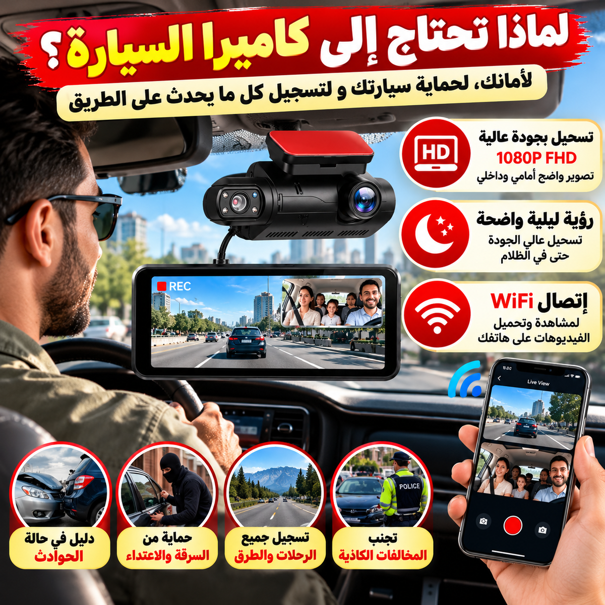 Caméra de Surveillance pour Voiture – Double Objectif, WiFi & Enregistrement Automatique