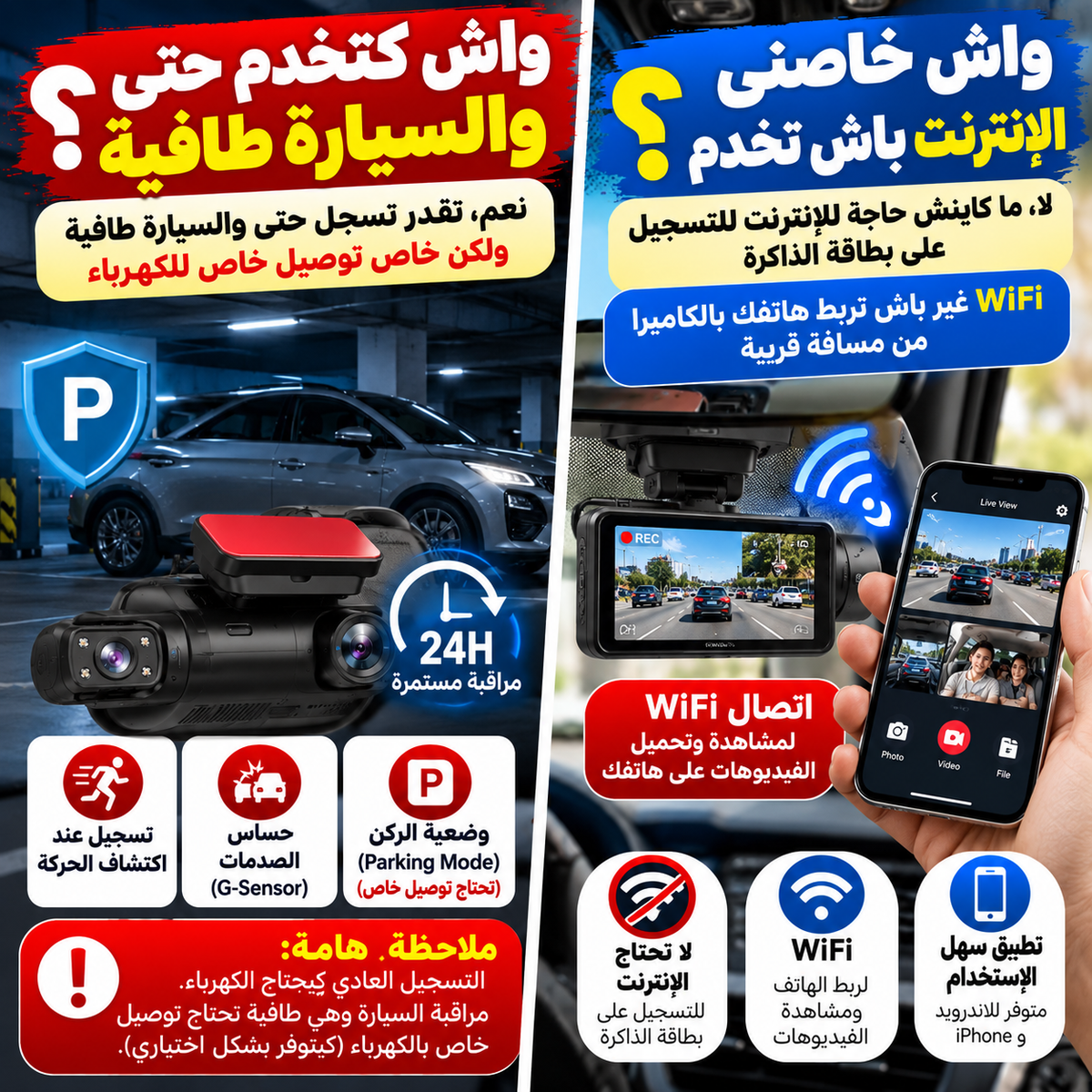 Caméra de Surveillance pour Voiture – Double Objectif, WiFi & Enregistrement Automatique