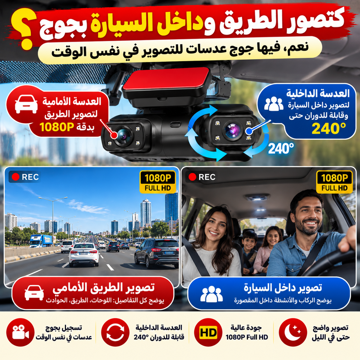 Caméra de Surveillance pour Voiture – Double Objectif, WiFi & Enregistrement Automatique