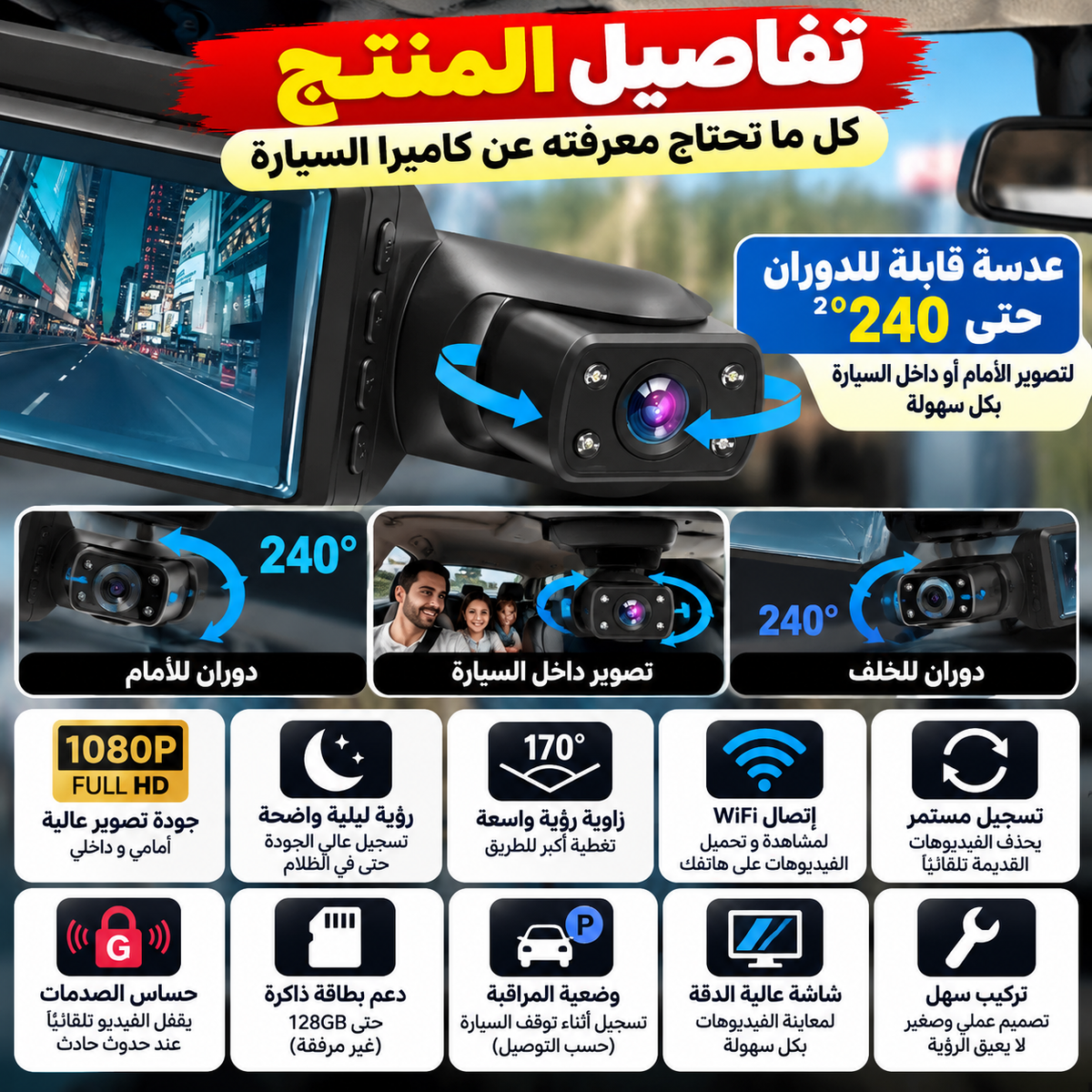 Caméra de Surveillance pour Voiture – Double Objectif, WiFi & Enregistrement Automatique